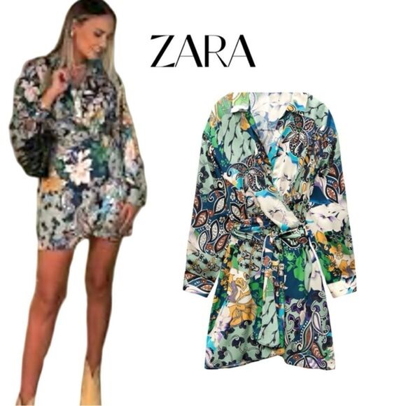 ZARA Patchwork Print Satin Effect Long Sleeve Faux Wrap Dress Sz S EUC - Picture 3 of 16